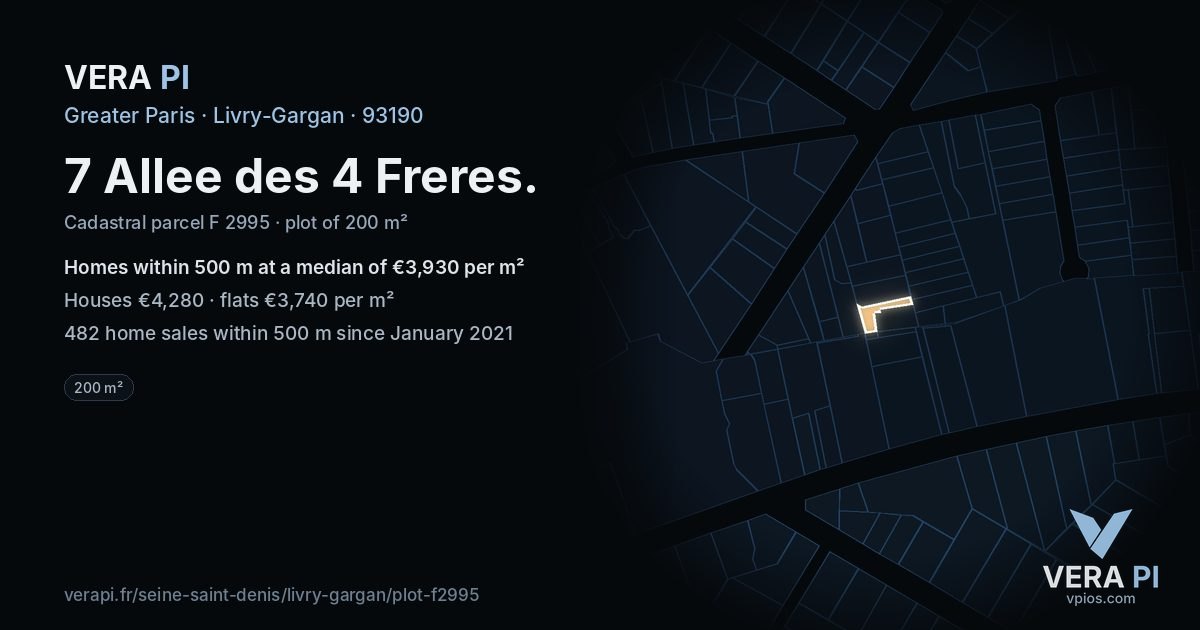 7 Allee des 4 Freres, Livry-Gargan at night – the plot lit, the parcels around coloured by the prices near them