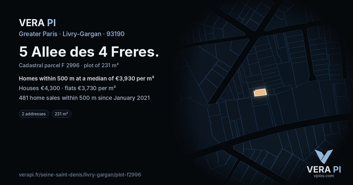 5 Allee des 4 Freres, Livry-Gargan at night – the plot lit, the parcels around coloured by the prices near them