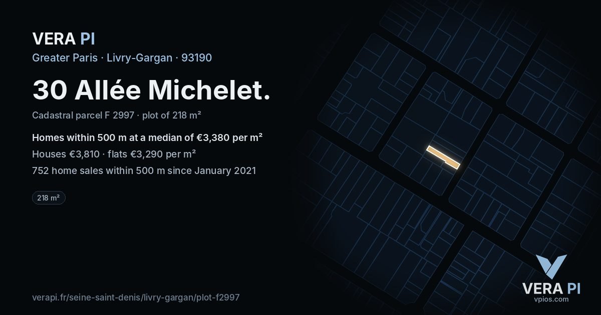30 Allée Michelet, Livry-Gargan at night – the plot lit, the parcels around coloured by the prices near them
