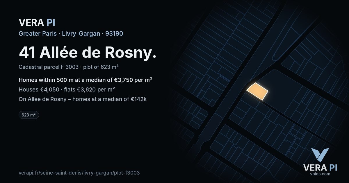 41 Allée de Rosny, Livry-Gargan at night – the plot lit, the parcels around coloured by the prices near them