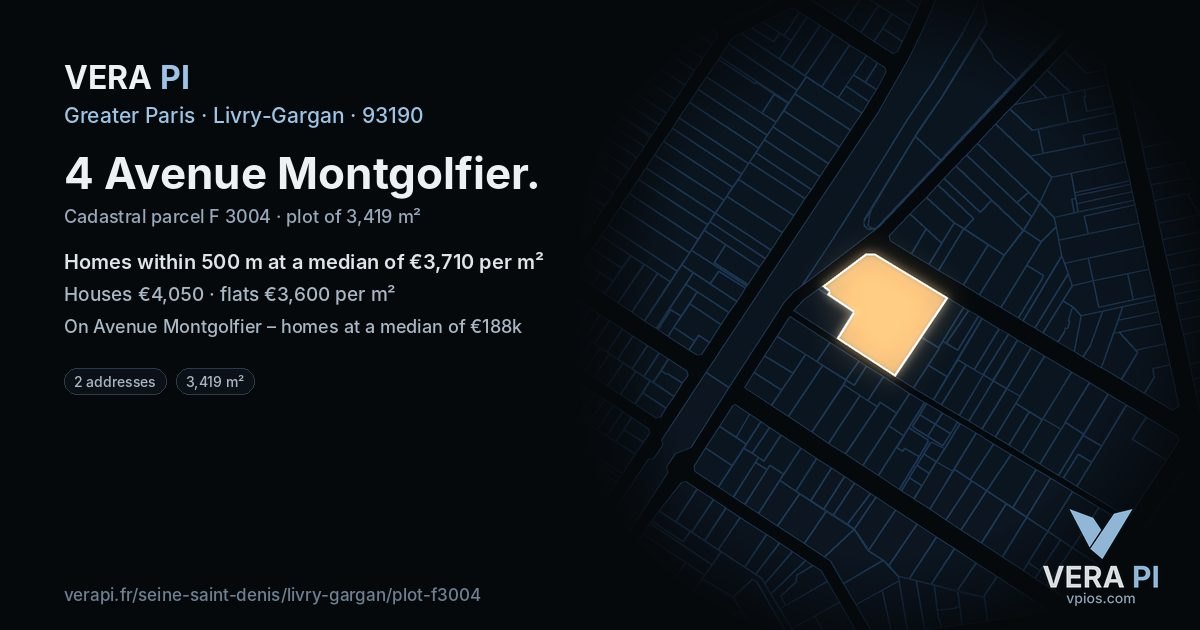 4 Avenue Montgolfier, Livry-Gargan at night – the plot lit, the parcels around coloured by the prices near them