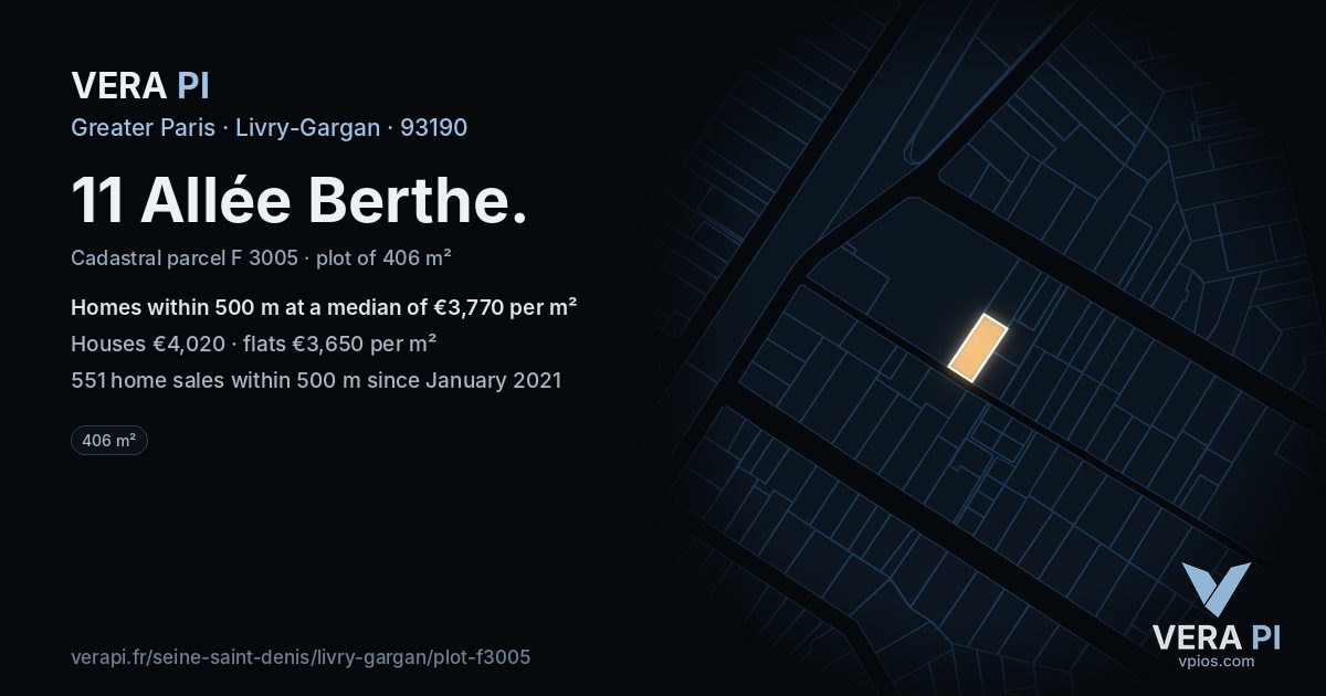 11 Allée Berthe, Livry-Gargan at night – the plot lit, the parcels around coloured by the prices near them