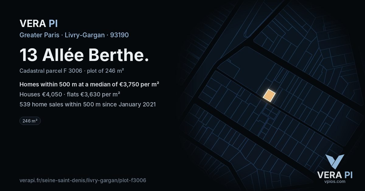 13 Allée Berthe, Livry-Gargan at night – the plot lit, the parcels around coloured by the prices near them