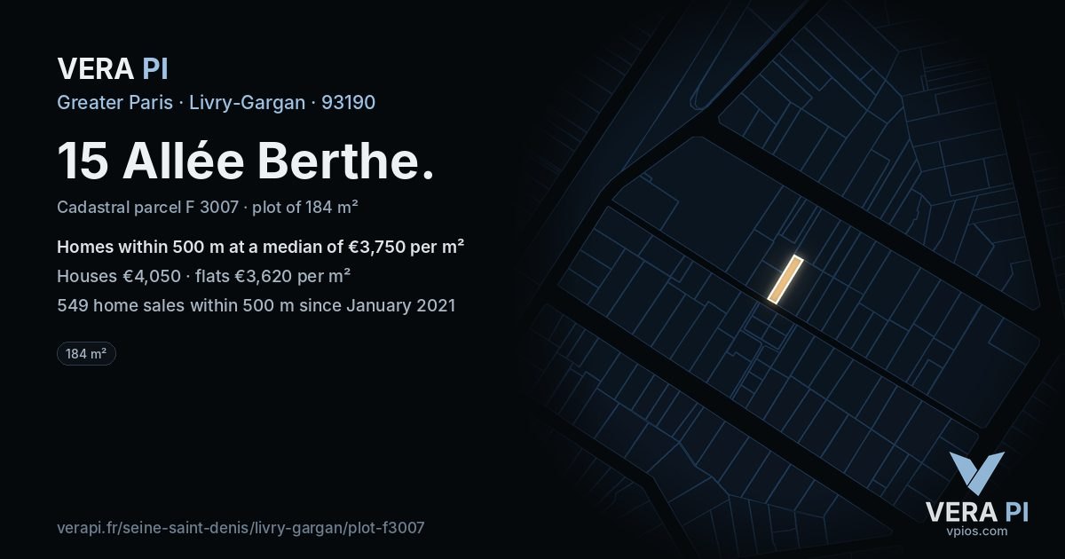 15 Allée Berthe, Livry-Gargan at night – the plot lit, the parcels around coloured by the prices near them
