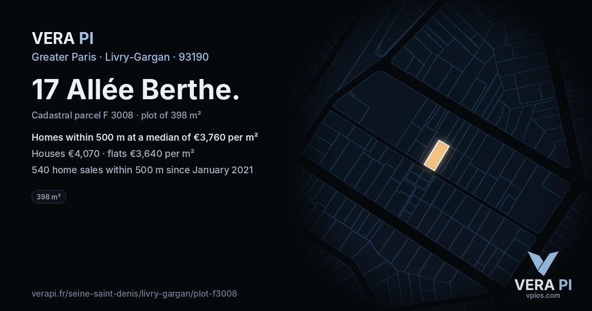 17 Allée Berthe, Livry-Gargan at night – the plot lit, the parcels around coloured by the prices near them