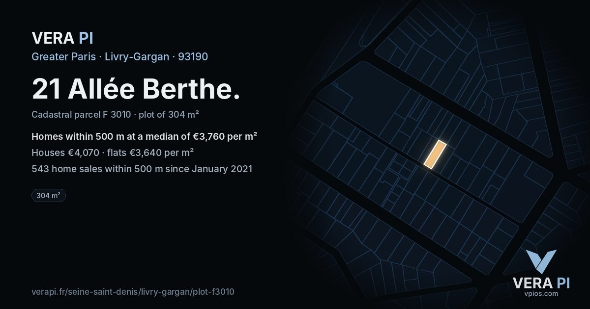 21 Allée Berthe, Livry-Gargan at night – the plot lit, the parcels around coloured by the prices near them