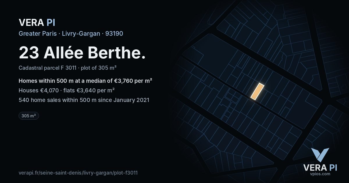 23 Allée Berthe, Livry-Gargan at night – the plot lit, the parcels around coloured by the prices near them