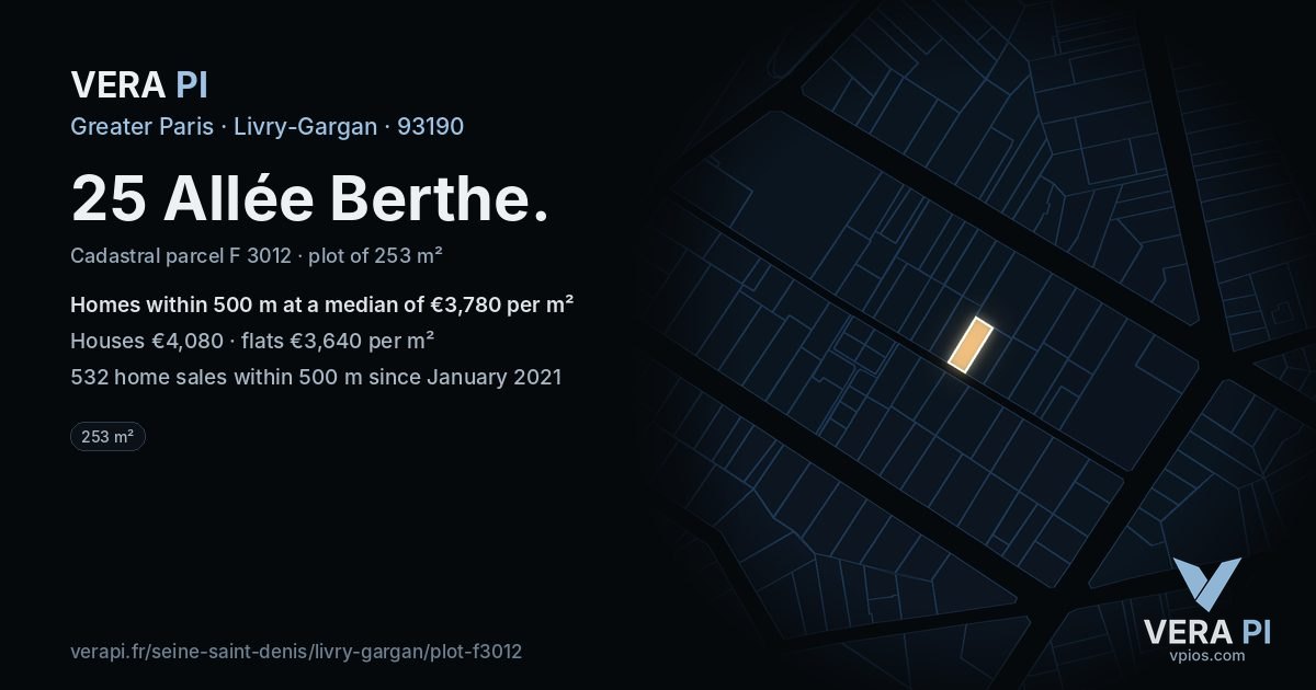25 Allée Berthe, Livry-Gargan at night – the plot lit, the parcels around coloured by the prices near them