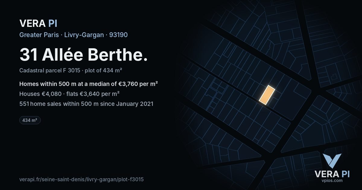31 Allée Berthe, Livry-Gargan at night – the plot lit, the parcels around coloured by the prices near them