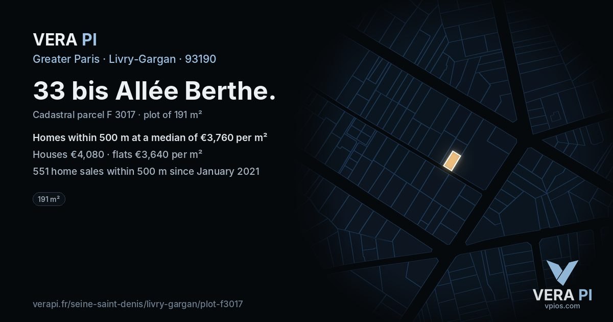 33 bis Allée Berthe, Livry-Gargan at night – the plot lit, the parcels around coloured by the prices near them