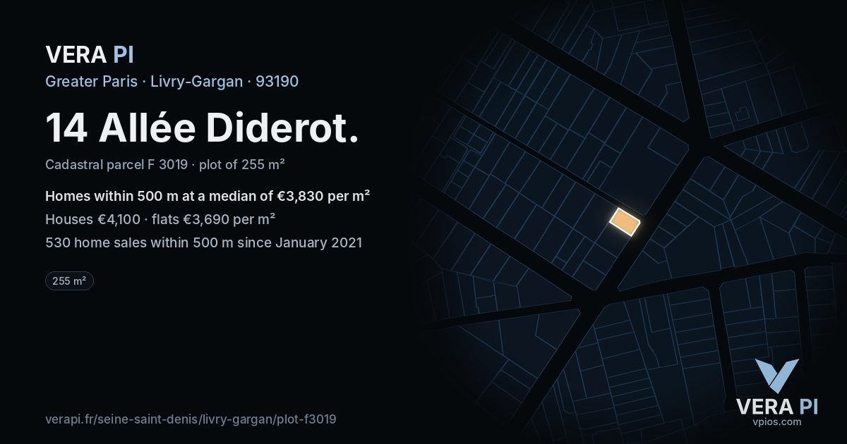 14 Allée Diderot, Livry-Gargan at night – the plot lit, the parcels around coloured by the prices near them