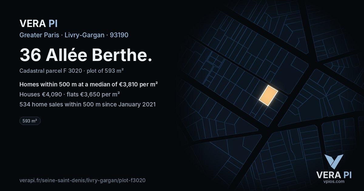 36 Allée Berthe, Livry-Gargan at night – the plot lit, the parcels around coloured by the prices near them