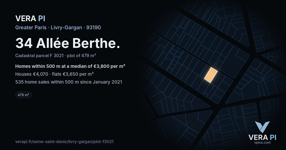 34 Allée Berthe, Livry-Gargan at night – the plot lit, the parcels around coloured by the prices near them