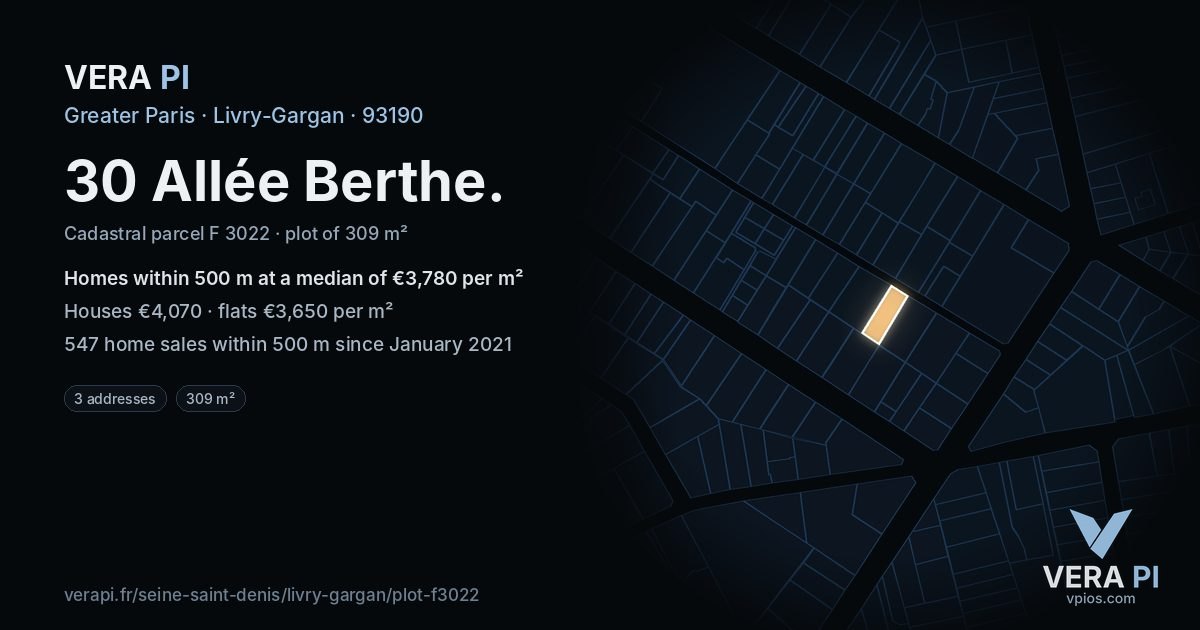 30 Allée Berthe, Livry-Gargan at night – the plot lit, the parcels around coloured by the prices near them