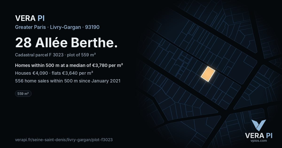 28 Allée Berthe, Livry-Gargan at night – the plot lit, the parcels around coloured by the prices near them