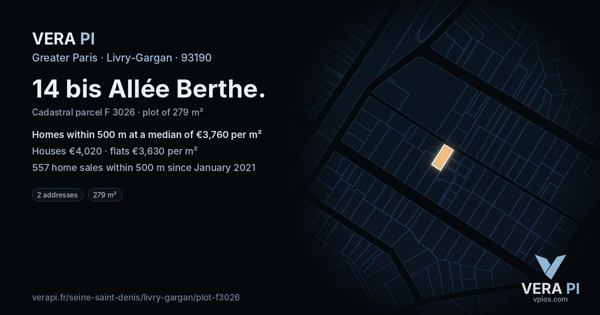 14 bis Allée Berthe, Livry-Gargan at night – the plot lit, the parcels around coloured by the prices near them