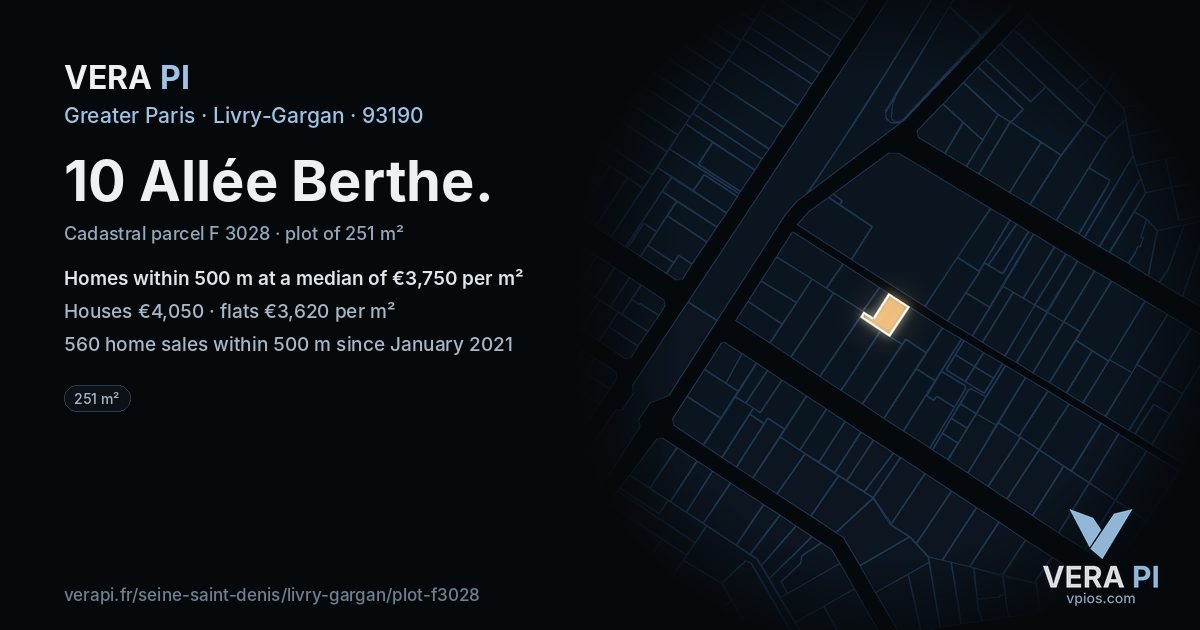 10 Allée Berthe, Livry-Gargan at night – the plot lit, the parcels around coloured by the prices near them