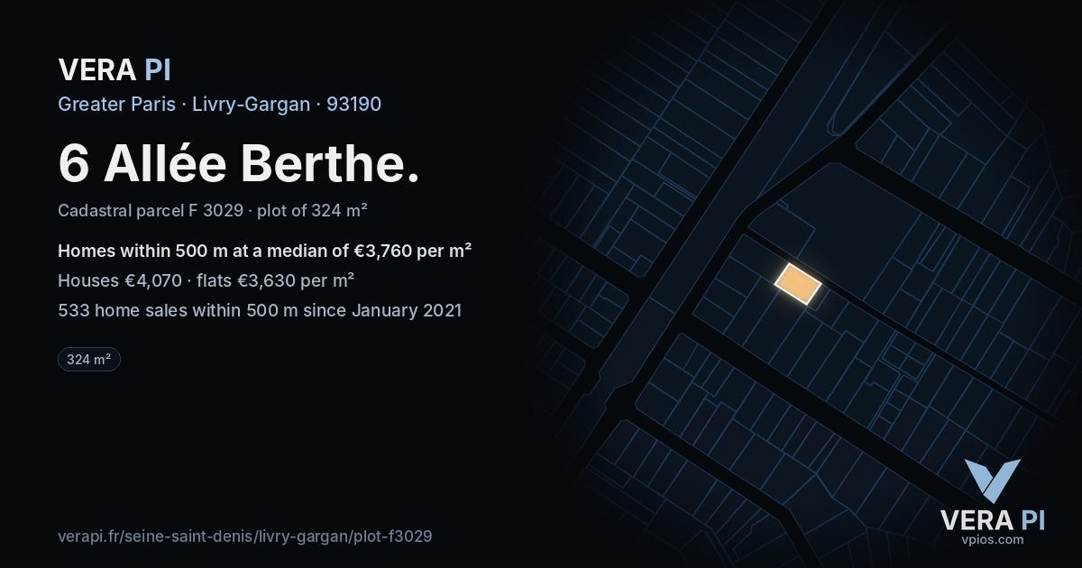 6 Allée Berthe, Livry-Gargan at night – the plot lit, the parcels around coloured by the prices near them