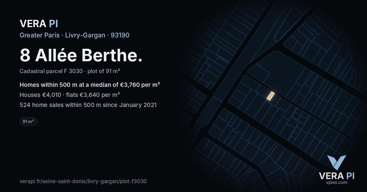 8 Allée Berthe, Livry-Gargan at night – the plot lit, the parcels around coloured by the prices near them