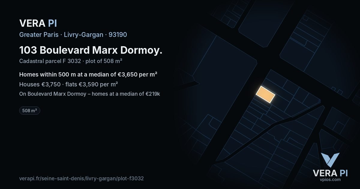 103 Boulevard Marx Dormoy, Livry-Gargan at night – the plot lit, the parcels around coloured by the prices near them