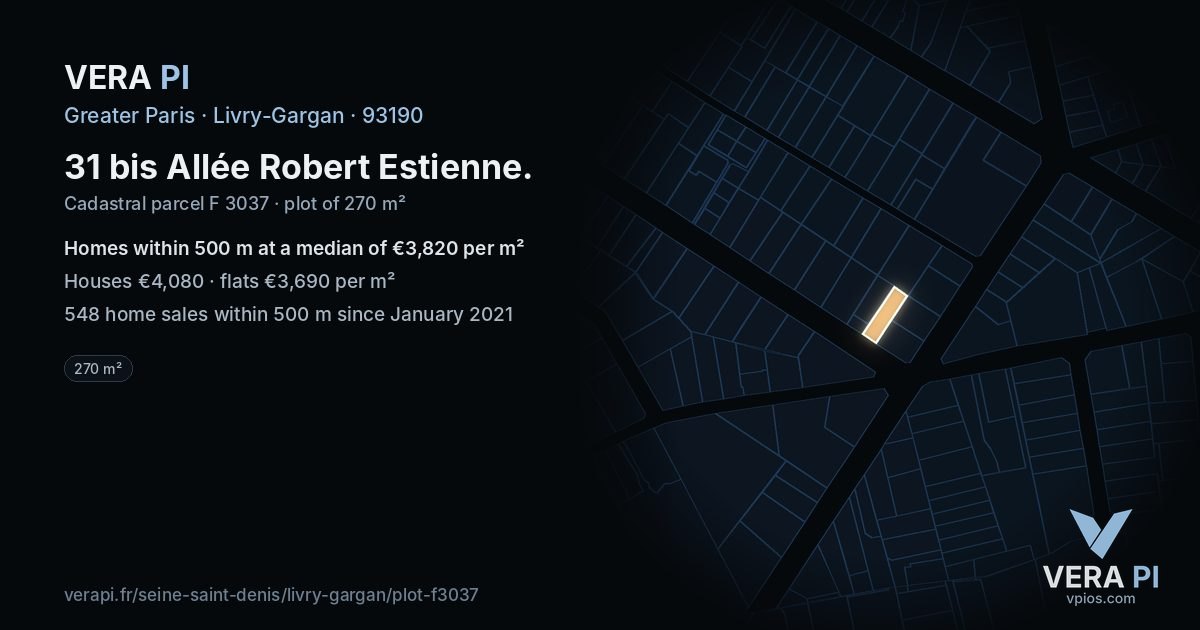 31 bis Allée Robert Estienne, Livry-Gargan at night – the plot lit, the parcels around coloured by the prices near them