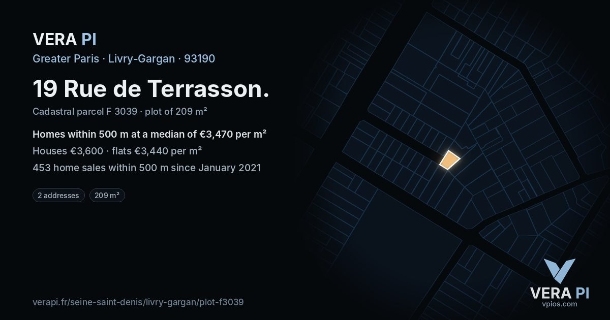 19 Rue de Terrasson, Livry-Gargan at night – the plot lit, the parcels around coloured by the prices near them