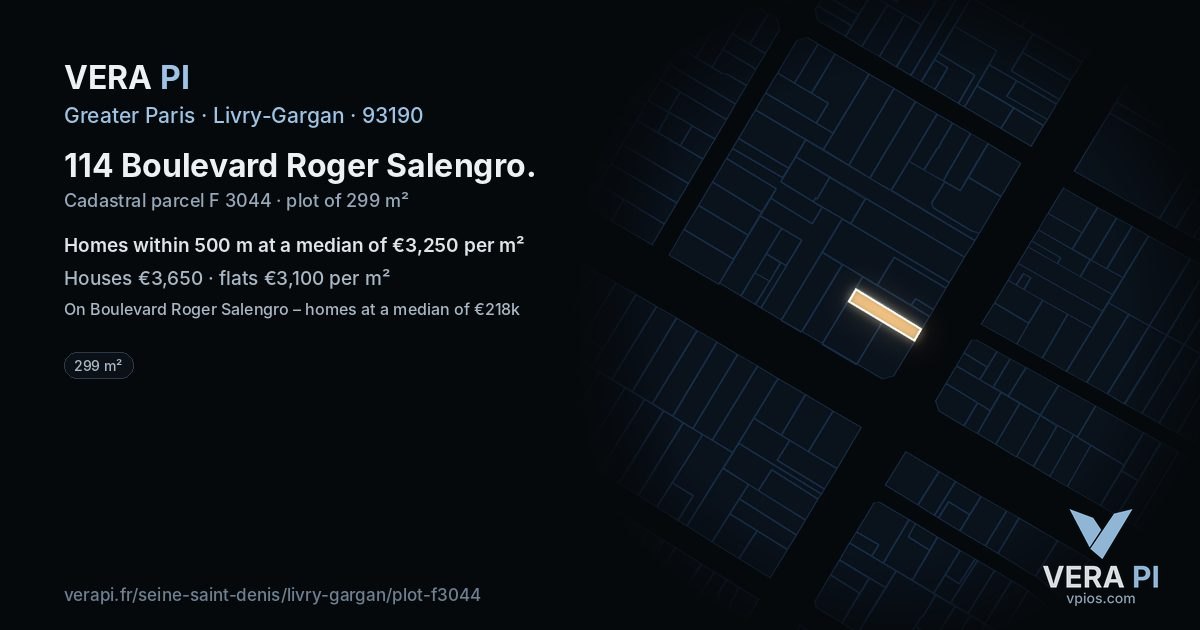 114 Boulevard Roger Salengro, Livry-Gargan at night – the plot lit, the parcels around coloured by the prices near them