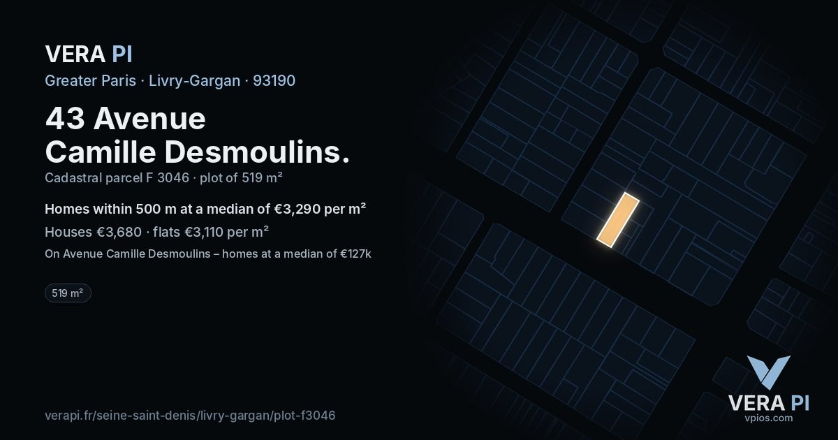 43 Avenue Camille Desmoulins, Livry-Gargan at night – the plot lit, the parcels around coloured by the prices near them
