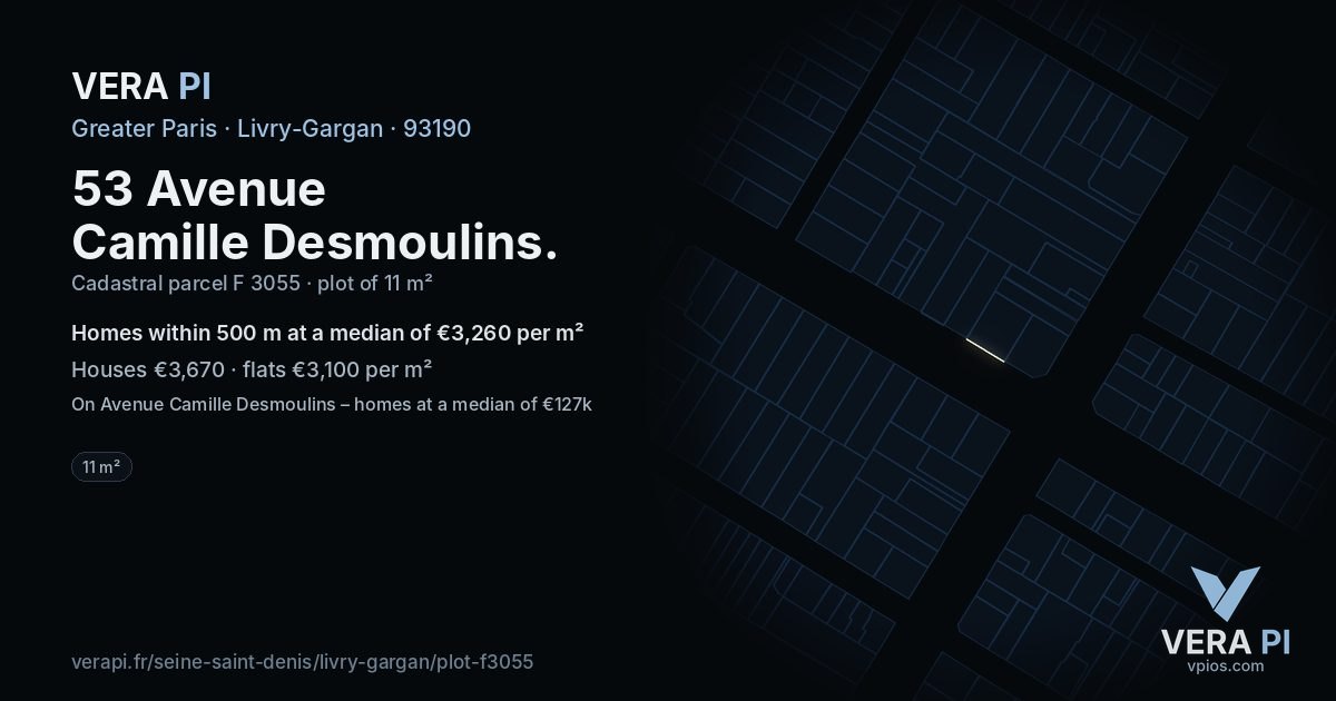 53 Avenue Camille Desmoulins, Livry-Gargan at night – the plot lit, the parcels around coloured by the prices near them