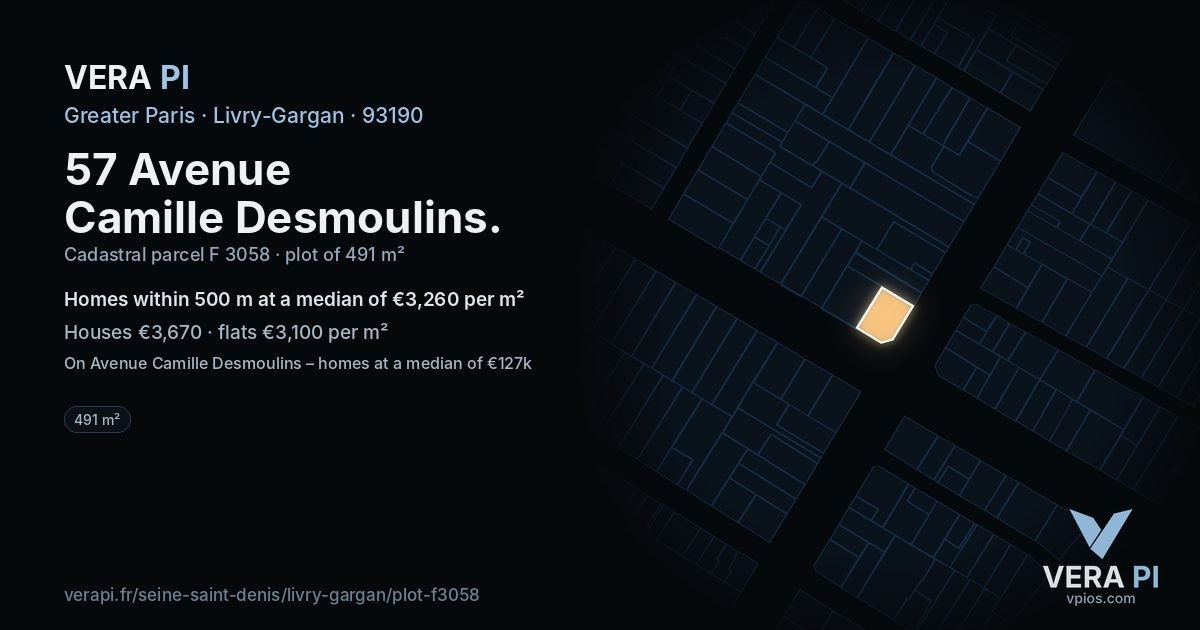 57 Avenue Camille Desmoulins, Livry-Gargan at night – the plot lit, the parcels around coloured by the prices near them