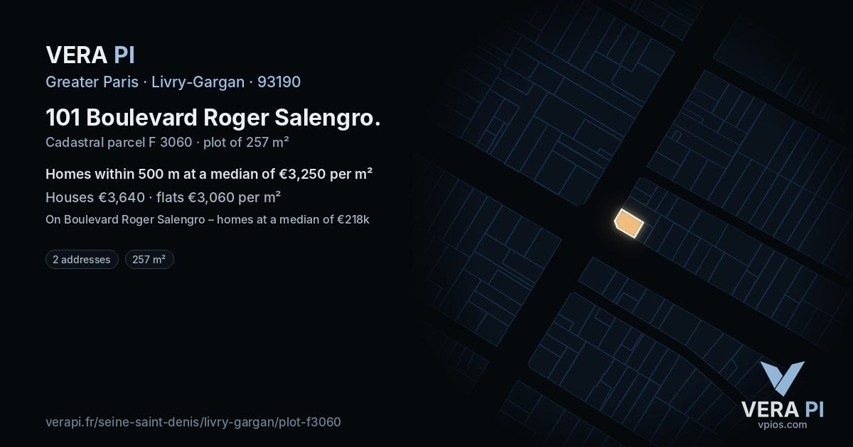 101 Boulevard Roger Salengro, Livry-Gargan at night – the plot lit, the parcels around coloured by the prices near them