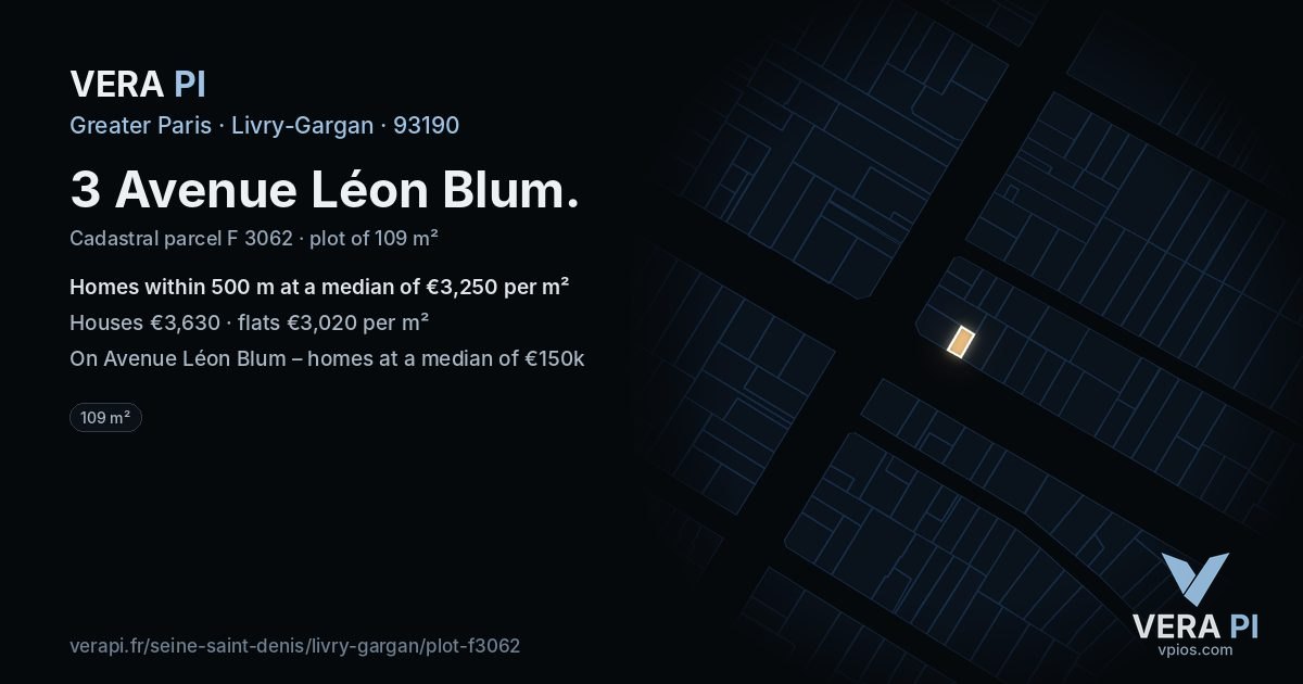 3 Avenue Léon Blum, Livry-Gargan at night – the plot lit, the parcels around coloured by the prices near them