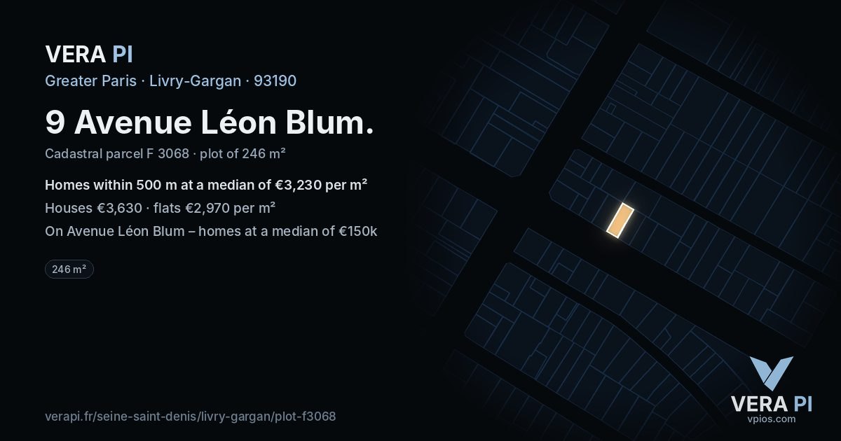 9 Avenue Léon Blum, Livry-Gargan at night – the plot lit, the parcels around coloured by the prices near them