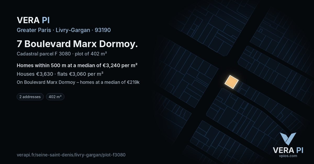 7 Boulevard Marx Dormoy, Livry-Gargan at night – the plot lit, the parcels around coloured by the prices near them