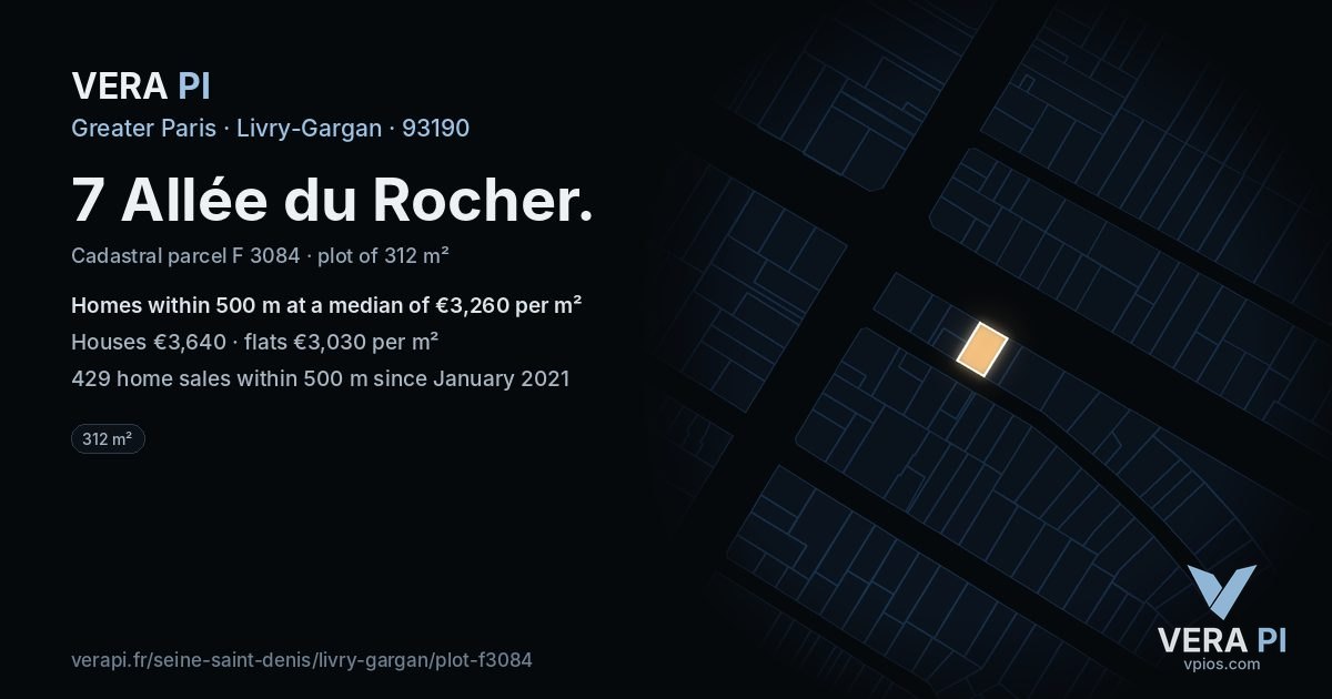 7 Allée du Rocher, Livry-Gargan at night – the plot lit, the parcels around coloured by the prices near them