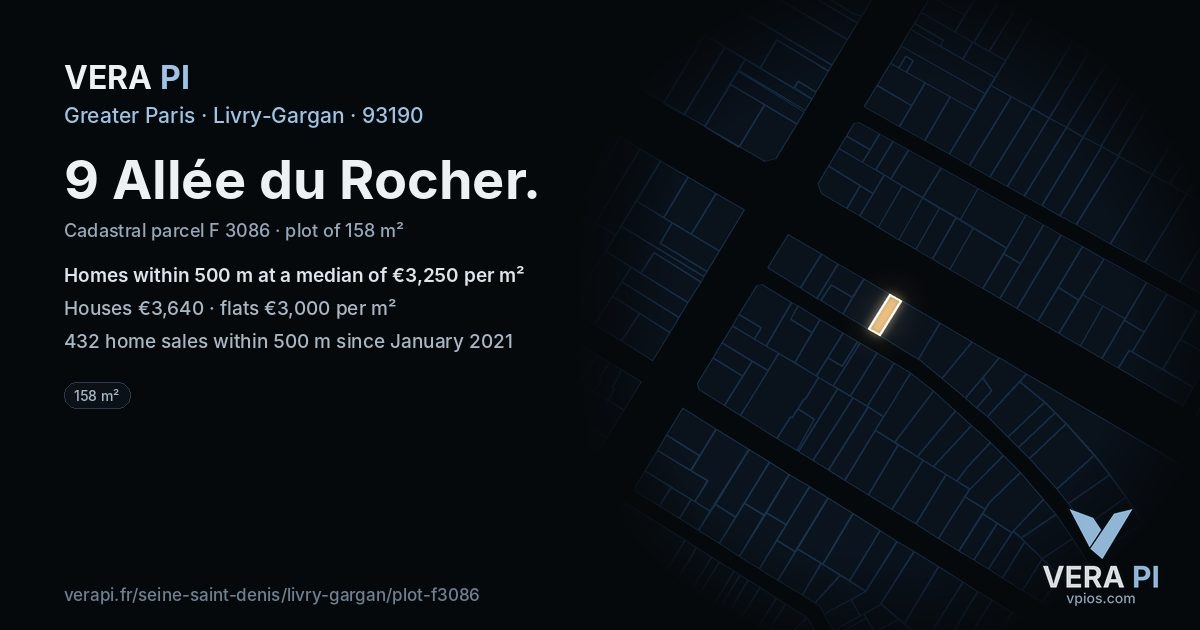 9 Allée du Rocher, Livry-Gargan at night – the plot lit, the parcels around coloured by the prices near them