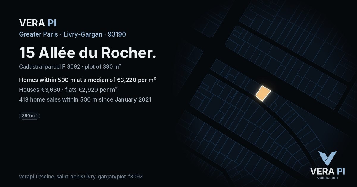 15 Allée du Rocher, Livry-Gargan at night – the plot lit, the parcels around coloured by the prices near them