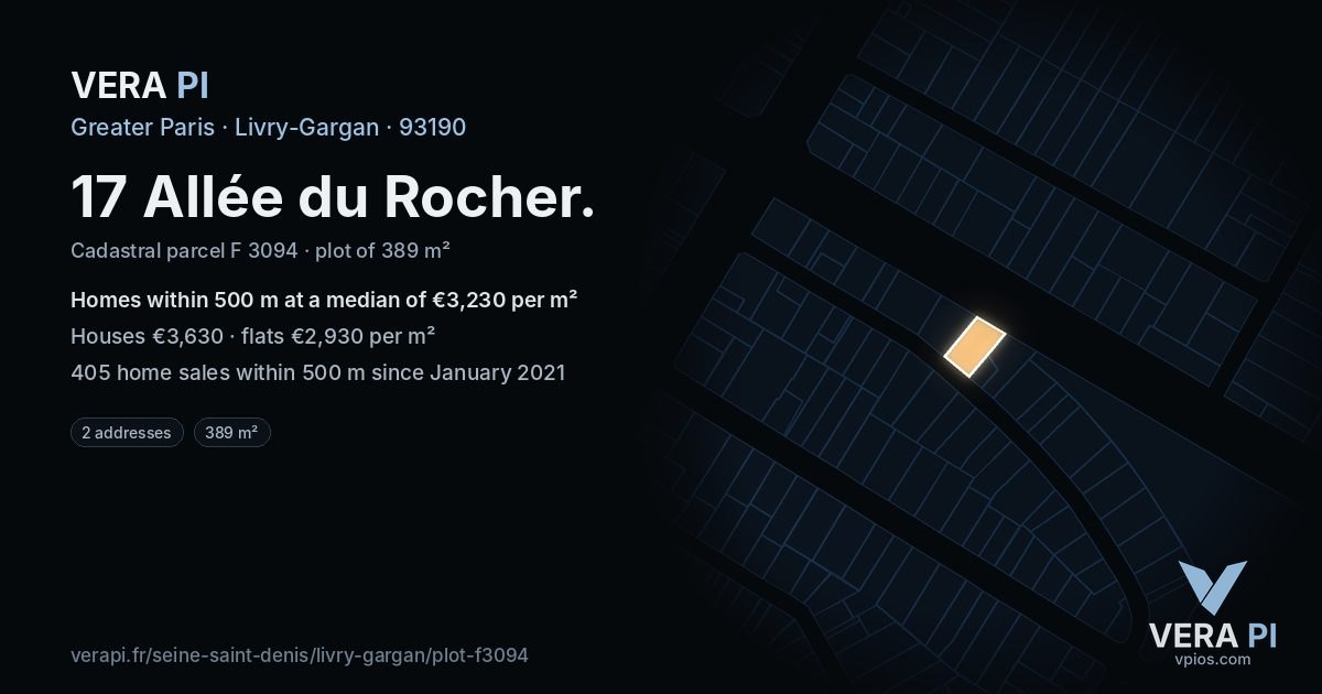 17 Allée du Rocher, Livry-Gargan at night – the plot lit, the parcels around coloured by the prices near them