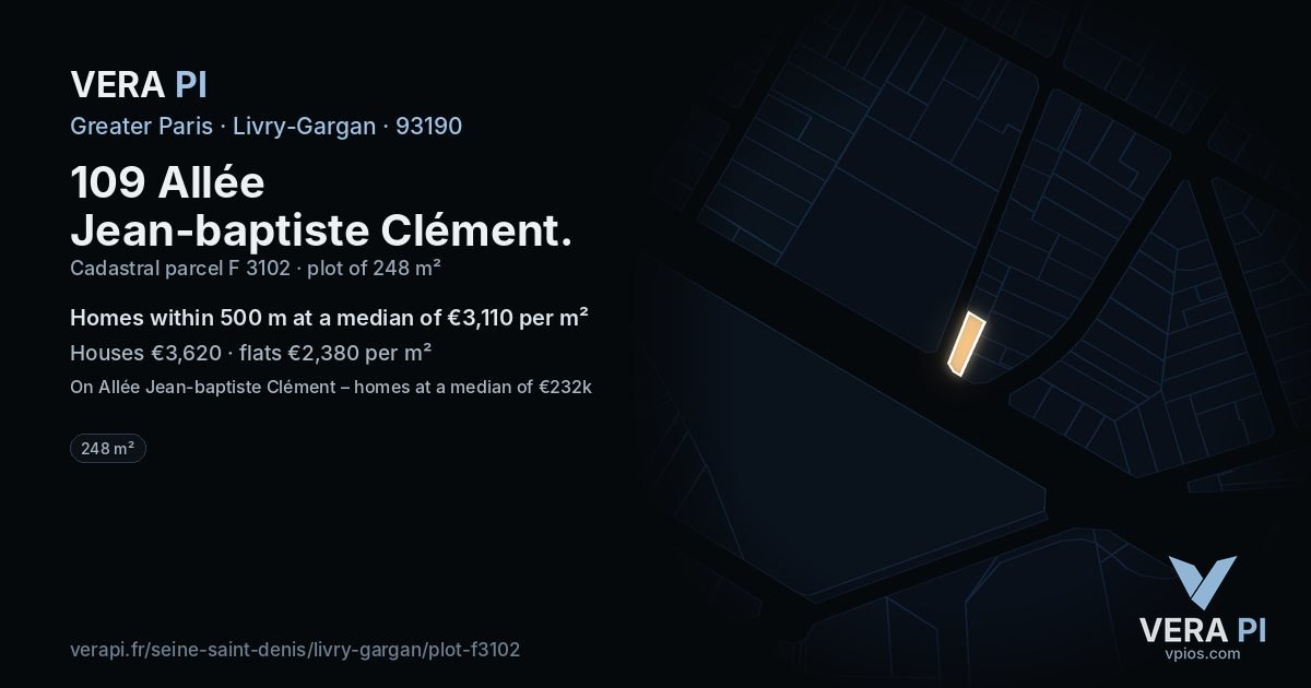 109 Allée Jean-baptiste Clément, Livry-Gargan at night – the plot lit, the parcels around coloured by the prices near them