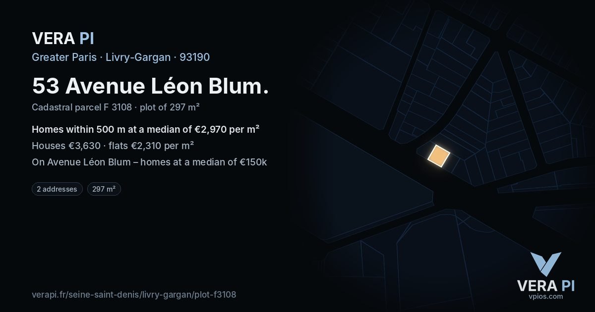 53 Avenue Léon Blum, Livry-Gargan at night – the plot lit, the parcels around coloured by the prices near them