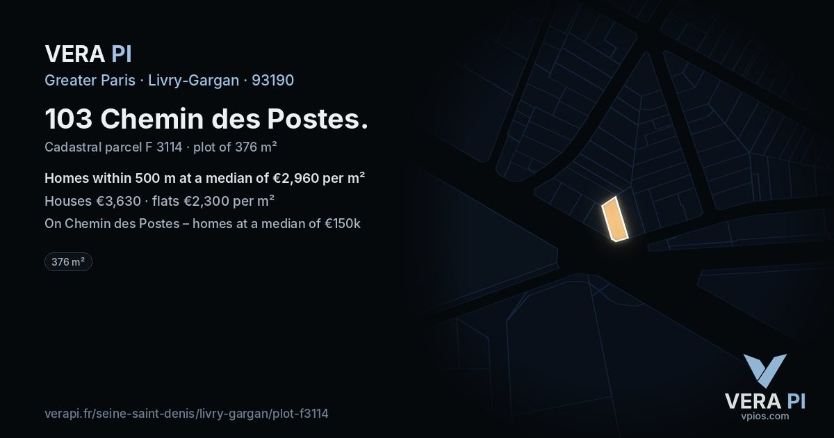 103 Chemin des Postes, Livry-Gargan at night – the plot lit, the parcels around coloured by the prices near them