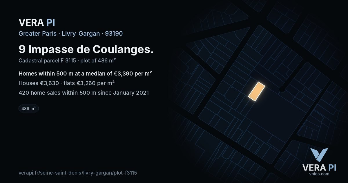 9 Impasse de Coulanges, Livry-Gargan at night – the plot lit, the parcels around coloured by the prices near them