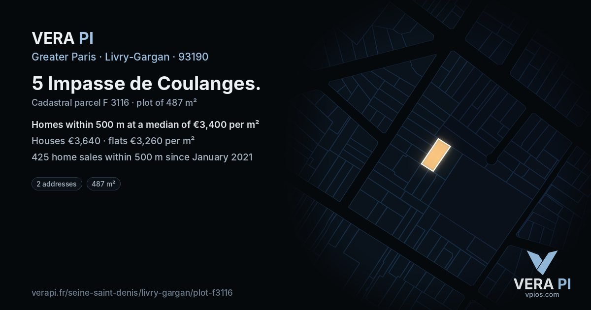 5 Impasse de Coulanges, Livry-Gargan at night – the plot lit, the parcels around coloured by the prices near them