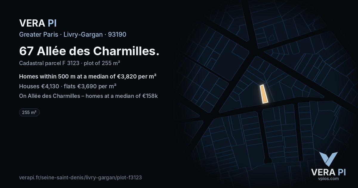 67 Allée des Charmilles, Livry-Gargan at night – the plot lit, the parcels around coloured by the prices near them
