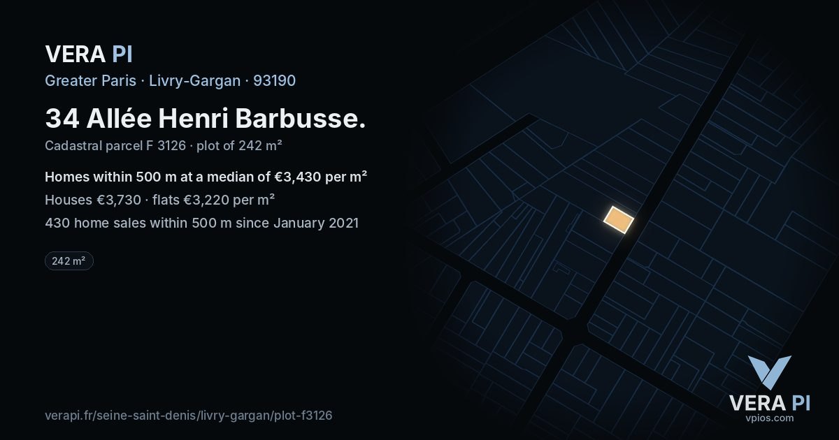 34 Allée Henri Barbusse, Livry-Gargan at night – the plot lit, the parcels around coloured by the prices near them