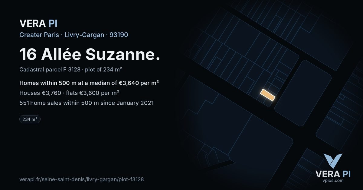 16 Allée Suzanne, Livry-Gargan at night – the plot lit, the parcels around coloured by the prices near them