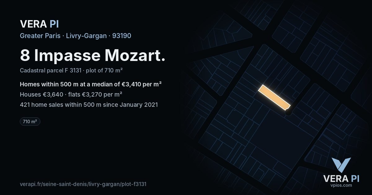8 Impasse Mozart, Livry-Gargan at night – the plot lit, the parcels around coloured by the prices near them