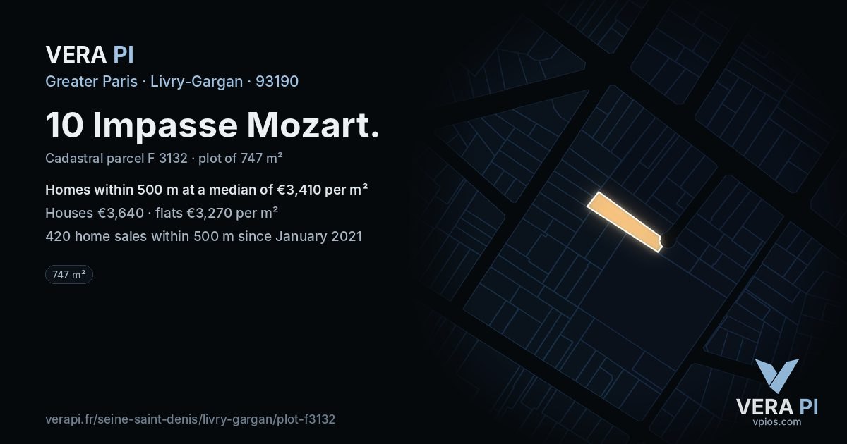 10 Impasse Mozart, Livry-Gargan at night – the plot lit, the parcels around coloured by the prices near them