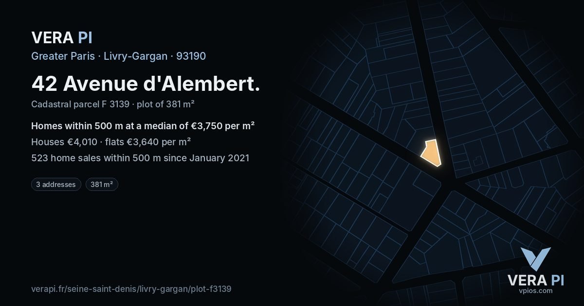 42 Avenue d'Alembert, Livry-Gargan at night – the plot lit, the parcels around coloured by the prices near them