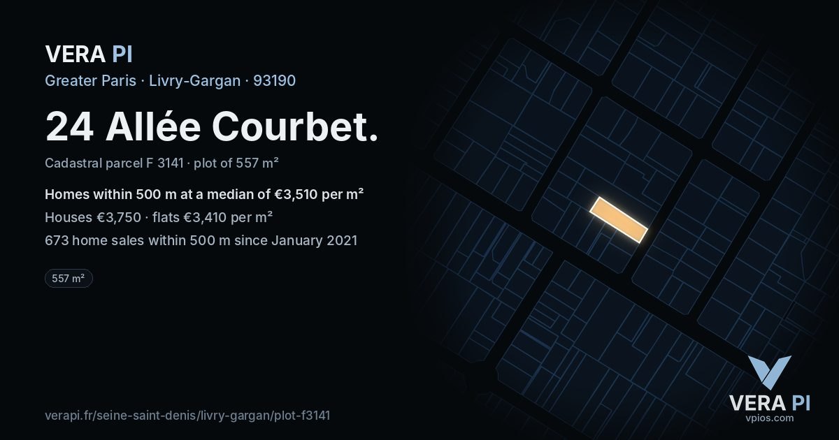 24 Allée Courbet, Livry-Gargan at night – the plot lit, the parcels around coloured by the prices near them